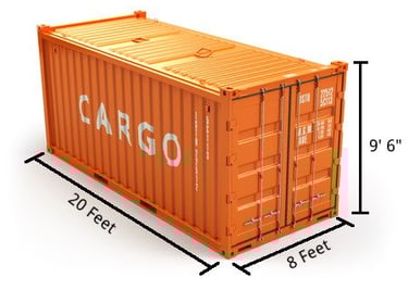 An orange in color 20ft high cube shipping container showing exterior dimensions