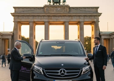 Persönlicher Chauffeurservice Berlin: Schwarze Mercedes V-Klasse mit dem Kunden am Brandenburger Tor