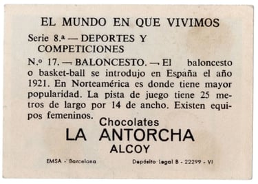 1963 Chocolates La Antorcha Alcoy Deportes Y Competiciones #17 Baloncesto Basketball Card (reverse s