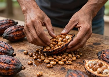 Hands sorting raw cacao pods split open on a wooden surface at an origin facility, natural daylight, wet bean texture in sharp focus, documentary framing