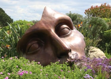 sculpture of  parial face on garden plants sarounding it give iluzion coming from the ground bronze  