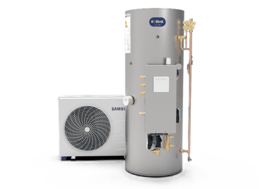 Samsung air source heat pump unit standing next to a hot water cylinder.