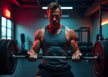 A middle-aged Caucasian man lifting a barbell in a modern gym with dark lighting
