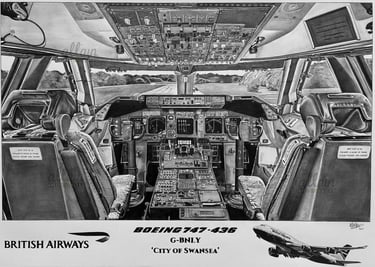 Dessin réaliste en noir et blanc du Cockpit d'un Boeing 747