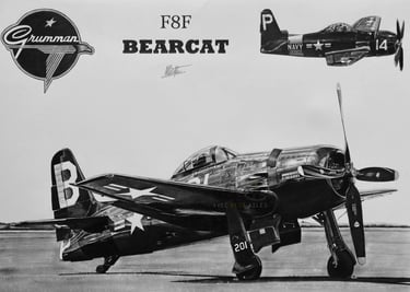 Dessin réaliste en noir et blanc du F8F Bearcat