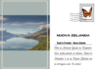 Cartolina della Road to paradise in Nuova Zelanda, un lago in mezzo ai monti