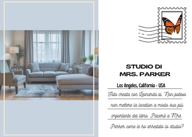 Cartolina dello studio di Mrs Parker creato con Ai, conuna poltrona, un divano e una chaise long
