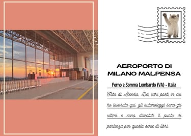 Cartolina della vetrata esterna dell'aeroporto di Malpensa al tramonto