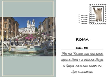 Cartolina di Piazza di Spagna a Roma con la chiesa, la scalinata e la fontana in primo piano 