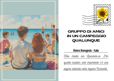 Sketch cerato con Ai di una giovane coppia in mezzo agli amici in spiaggia al mare