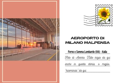 Cartolina della vetrata esterna dell'aeroporto di Malpensa al tramonto