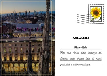 Cartolina di Milano vista dalle guglie del duomo al tramonto verso il nuovo skyline