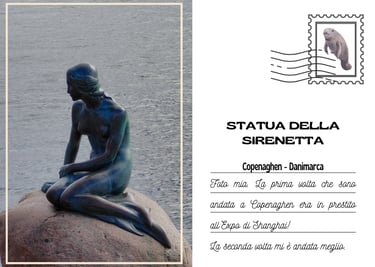 Cartolina della statua della Sirenetta a Copenaghen posizionata su una roccia
