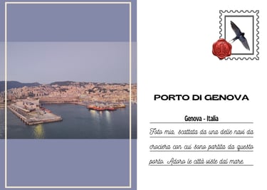 Cartolina del Porto di Genova vista dal ponte di una nave da crociera appena salpata