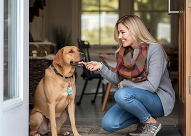 Dog walker from Happy Paws Burlington meeting a shy rescue dog for the first time