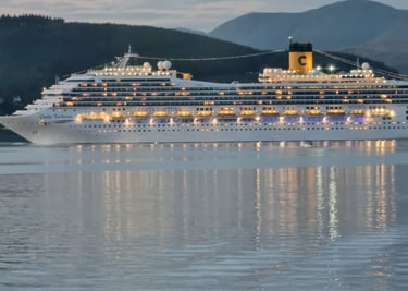 View from the window at at Gourock Seaview Holiday Let cruise ship in the water with mountains