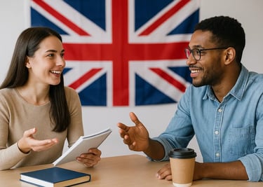 Hombre y mujer sentados en una mesa practicando su inglés básico