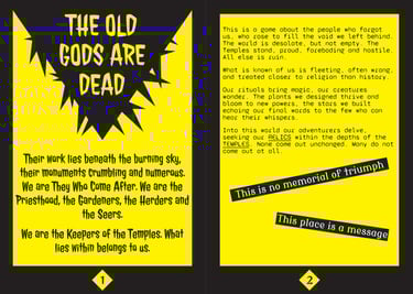 A black and yellow spread from the The Curse Lingers. The big text on the first page reads "The Old Gods are dead".