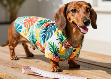 Un perro salchicha marrón, con una camisa de estampado floral tropical, está de pie sobre una mesa de madera 