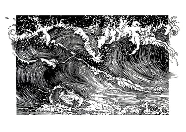 Linogravure, estampe originale,  représentant des vagues.