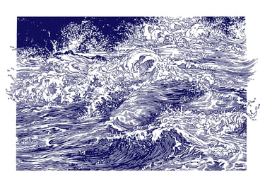 Linogravure, estampe originale,  représentant des vagues.