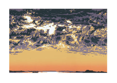 Estampe originale en linogravure couleur représentant des nuages.