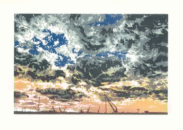 Estampe originale en linogravure couleur représentant des nuages.