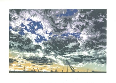 Estampe originale en linogravure couleur représentant des nuages.