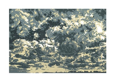 Estampe originale en linogravure couleur représentant des nuages.