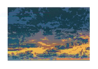 Estampe originale en linogravure couleur représentant des nuages.