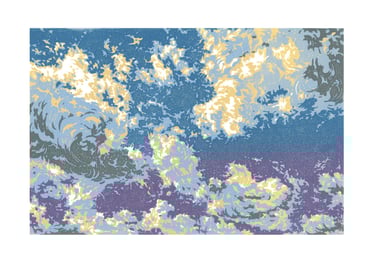 Estampe originale en linogravure couleur représentant des nuages.