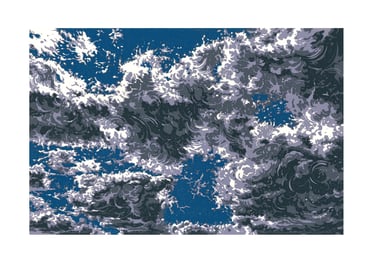 Estampe originale en linogravure couleur représentant des nuages.