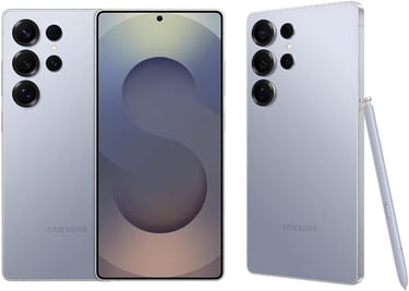 Samsung Galaxy S24 Ultra in titanium violet with S Pen and quad camera system.