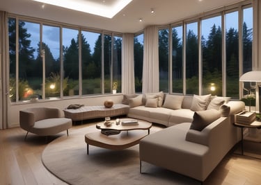 3D visualization of a modern living room with minimalist design.