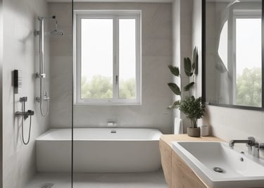 3D visualization of a modern living room with minimalist design.