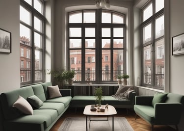 3D visualization of a modern living room with minimalist design.