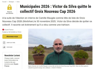 Annonce Ouest France Victor Da Silva quitte le collectif Nouveau Cap