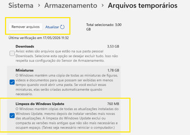 limpeza de arquivos temporários no windows 11 update