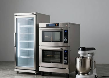 Display of industrial refrigeration units and ovens in a showroom setting.
