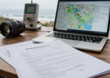 Close-up of environmental licensing documents spread on a field desk alongside a laptop displaying a GIS map, overcast coastal daylight, technical instruments visible in background