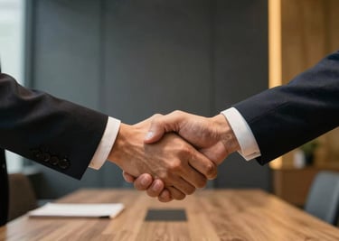 An authentic handshake between two people in a warmly styled conference office in Greater Chicagoland, US. The aesthetic features clean lines, dark slate finishes, and warm gold accents.