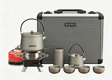 RuiPros luxury titanium outdoor camping collection including ultralight kettles, tea cups, and a por