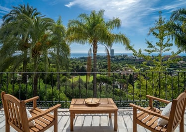 Golf and Mediterranean views from villa terrace