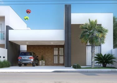 fachada moderna com tijolinho e janela alta 