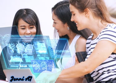 three girls are looking at a laptop while displaying and with a text jenni ai on the back
