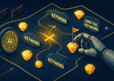 Magnifying glass highlighting profitable keywords on digital marketing strategy map