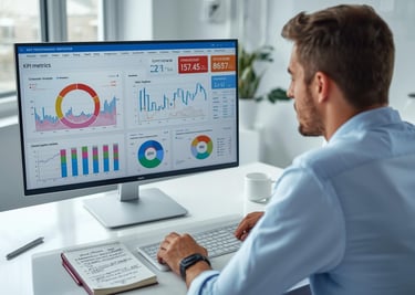 Person analyzing product launch metrics on a dashboard with conversion rates and KPI tracking