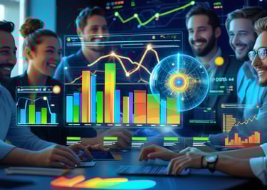 a group of people sitting at a table with a laptop and a big screen with data analysis