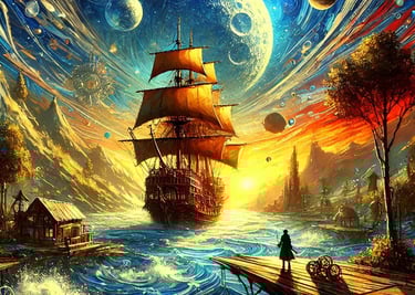 uma ilustração criativa de um navio antigo em uma pintura fantasiosa de um universo literário