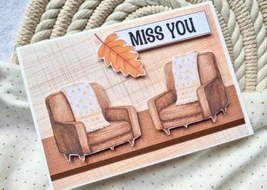 Handmade greeting card with two armchairs and "Miss You" sentiment